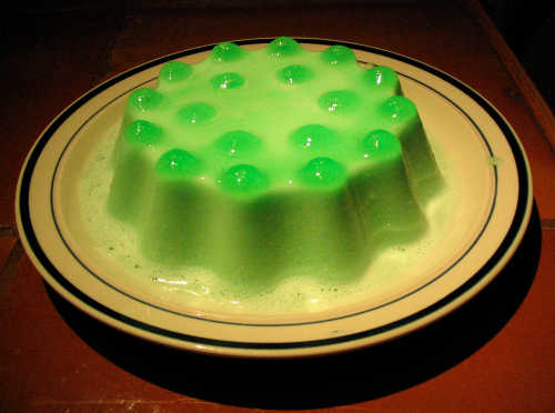 pale green jelly mold with darker green dots on top